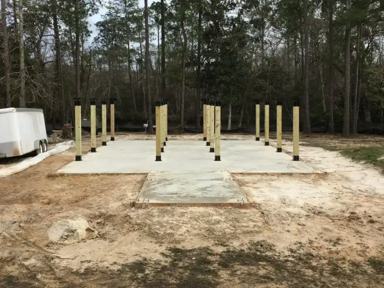 Pole barn posts set on Ty-Rite anchors, with no wood buried in the ground